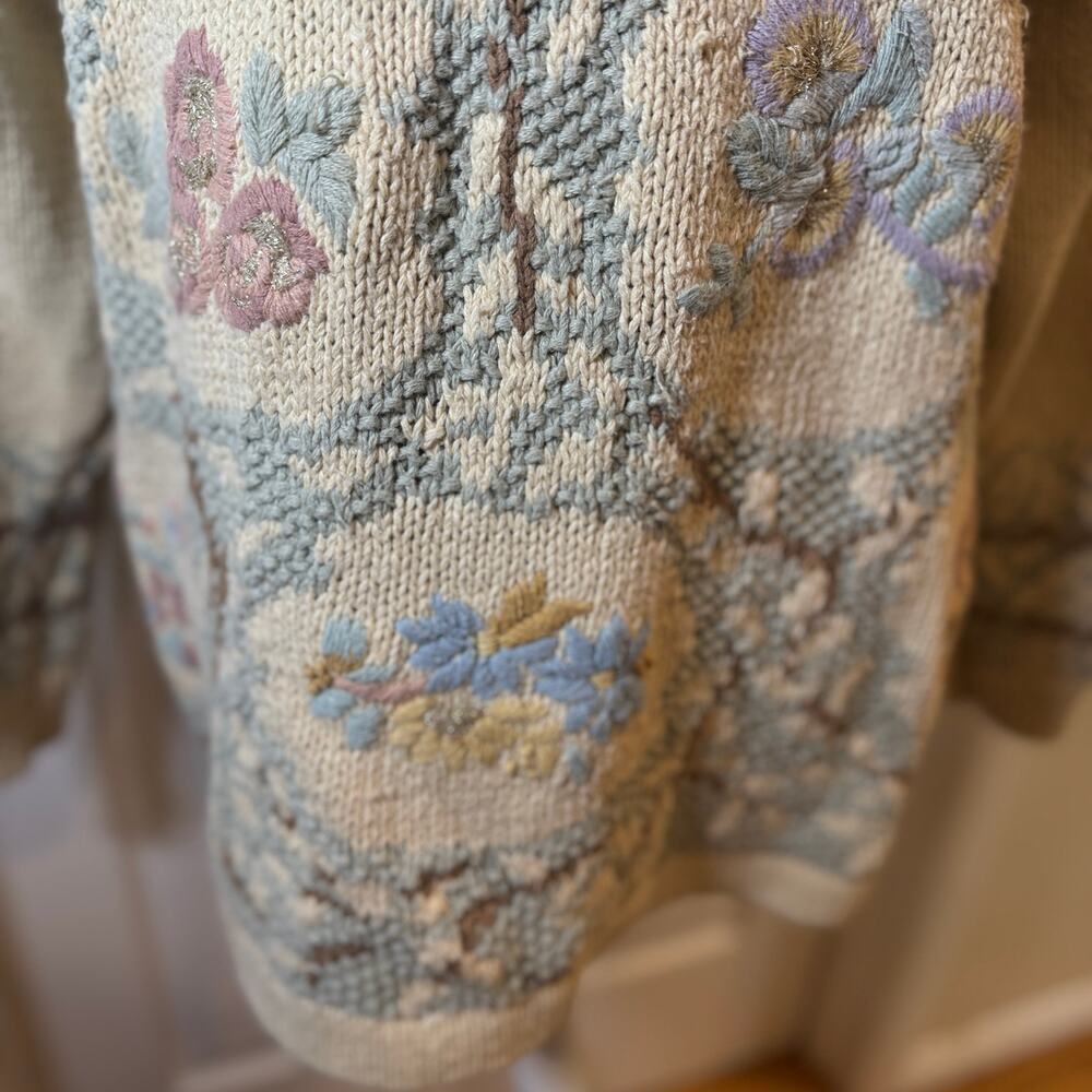 Vintage Heirloom Collectibles Tan Floral Grandma Sweater Shoulder Pads Size L - Picture 3 of 9